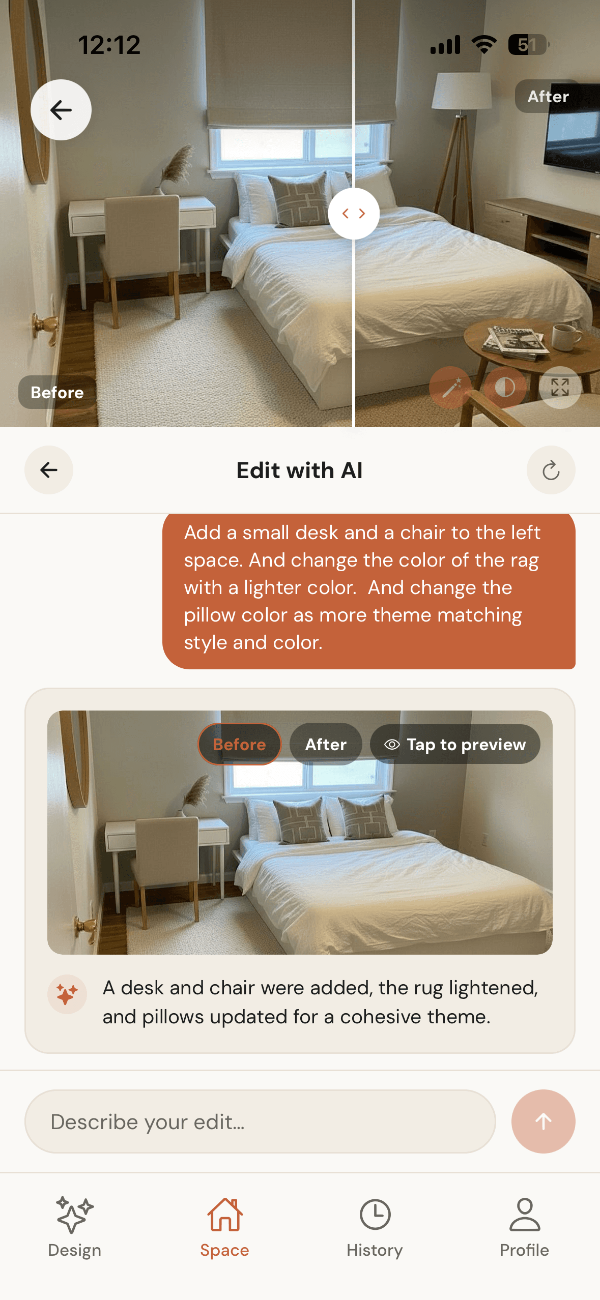 Before and after AI edit comparison
